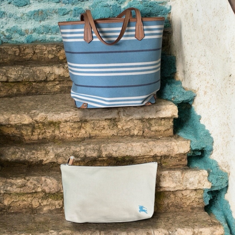 2pc Burberry blue striped vachetta leather canvas TOTE WITH ZIPPER BAG SET *NEW*